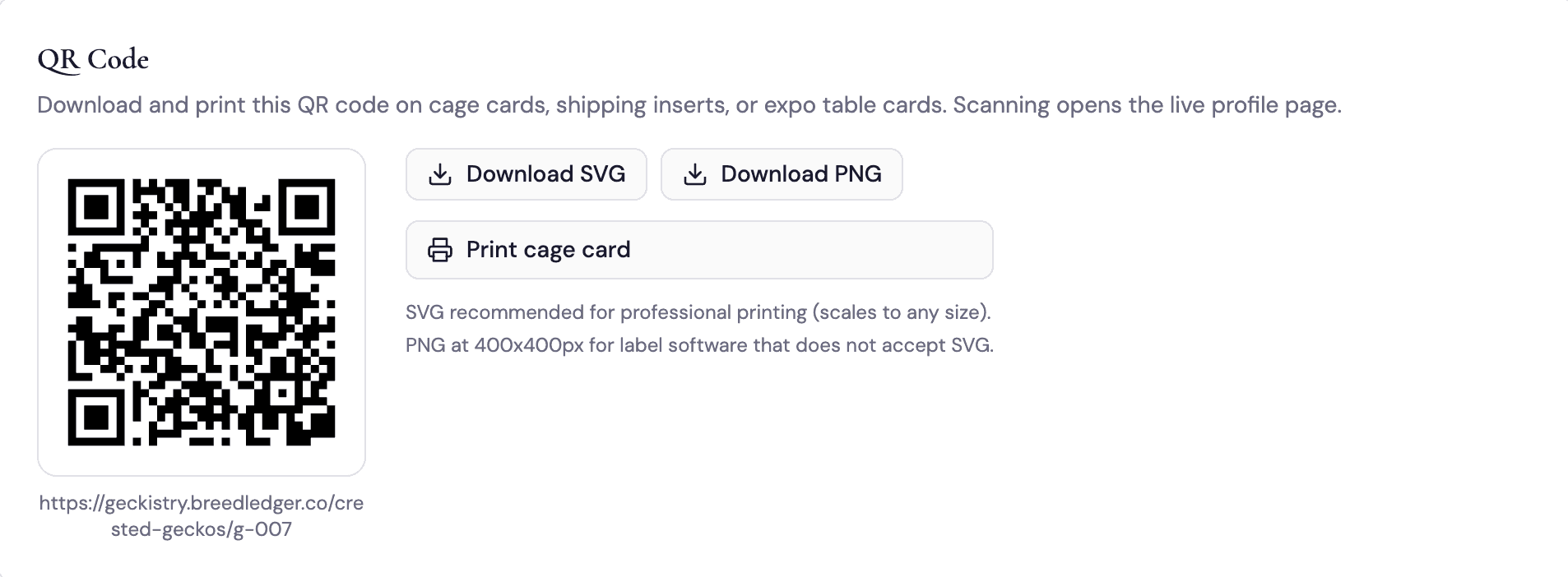 QR code tub label linking to a live animal profile on Breed Ledger