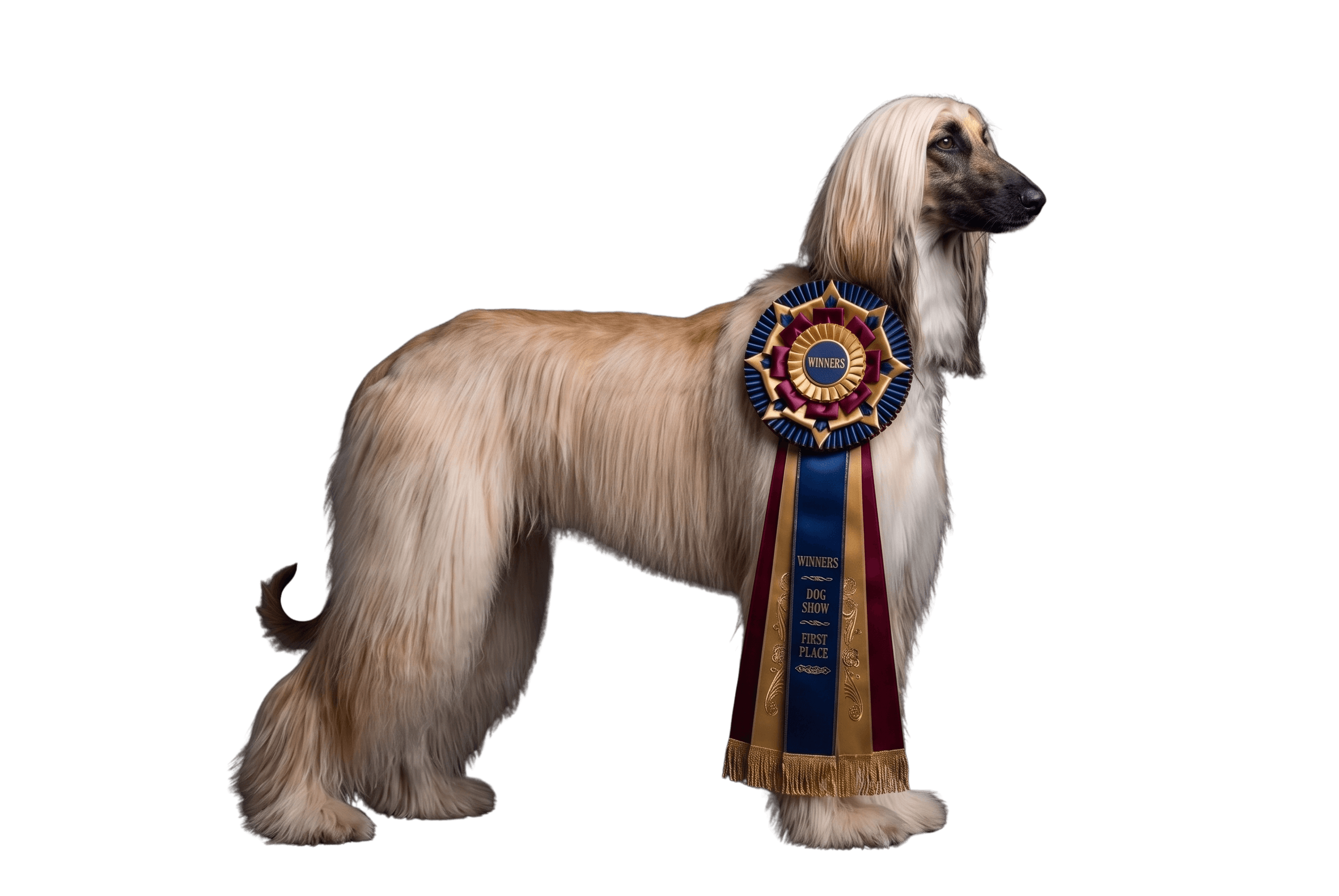 Award-winning Afghan Hound wearing a show rosette