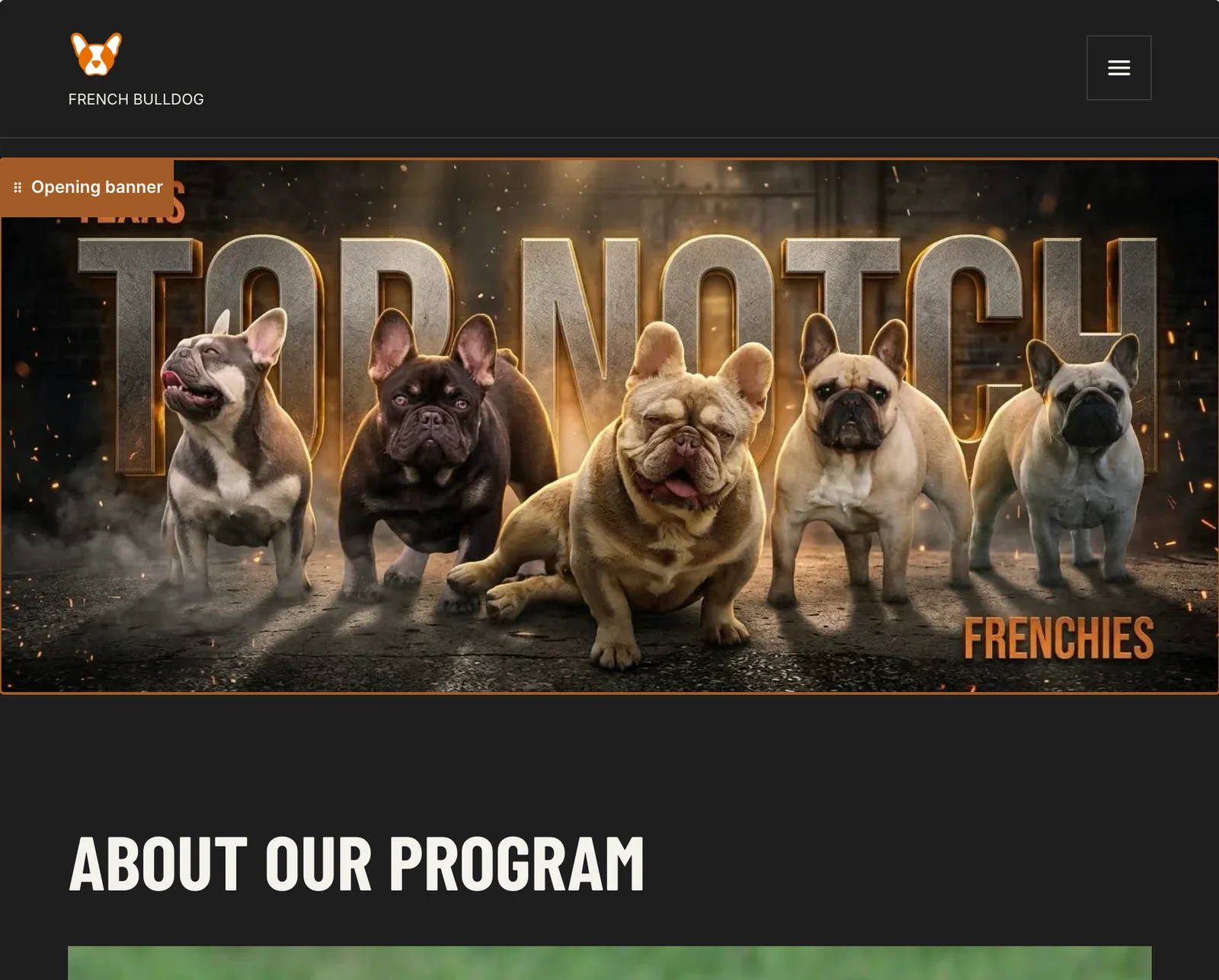 An example member program website featuring Texas Top Notch Frenchies